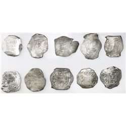 Lot of ten Mexico City, Mexico, cob 8 reales, Philip IV, assayers D or P (where visible).