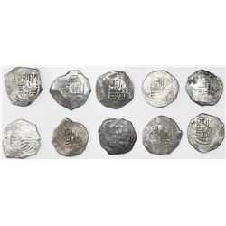 Lot of ten Mexico City, Mexico, cob 4 reales, Philip IV, assayers D or P (where visible).