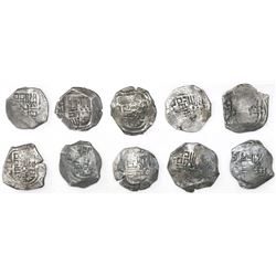 Lot of ten Mexico City, Mexico, cob 4 reales, Philip IV, assayers D or P (where visible).