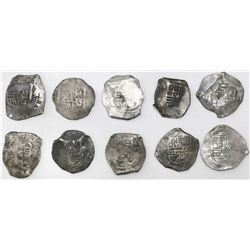 Lot of ten Mexico City, Mexico, cob 4 reales, Philip IV, assayers D or P (where visible).