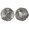 Image 1 : Potosi, Bolivia, cob 8 reales, 1651E, crowned-dot-F-dot countermark on shield.