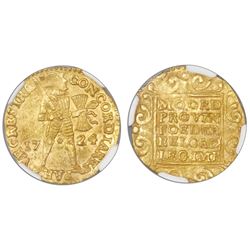 Utrecht, United Netherlands, gold ducat, 1724, NGC MS 61, ex-Akerendam (designated on label).