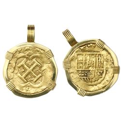 Seville, Spain, cob 4 escudos, Philip IV, assayer not visible, mounted cross-side out in 18K gold be