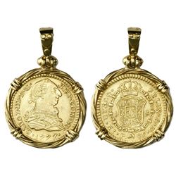 Popayan, Colombia, bust 1 escudo, Charles III, 1777SF, mounted in 18K gold twisted-wire bezel with s