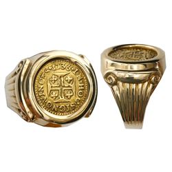 Portugal (Lisbon mint), 400 reis, Joao V, 1736, mounted cross-side up in 14K gold men's ring, size 6