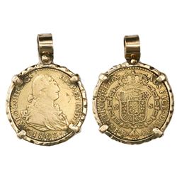 Madrid, Spain, bust 2 escudos, Charles IV, 1803FA, mounted bust-side out in 14K gold rustic-style be