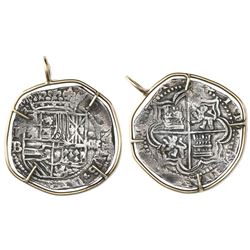 Potosi, Bolivia, cob 4 reales, Philip II, assayer B (3rd period), ex-Atocha (1622), Grade 1, mounted