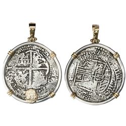 Potosi, Bolivia, cob 8 reales, 16(5)1, assayer E, no countermark, ex-Capitana (1654), mounted cross-