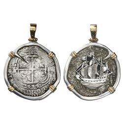 Potosi, Bolivia, cob 8 reales, 1654E, ex-Capitana (1654), mounted cross-side out in silver bezel wit