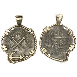 Lima, Peru, cob 1 real, 1688R, ex-Feversham (1711), mounted cross-side out in twisted-wire 14K gold