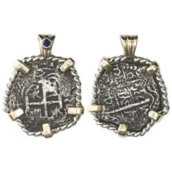 Potosi, Bolivia, cob 4 reales, 1739M, ex-Luz (1752), mounted cross-side out in twisted-wire silver b