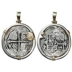 Mexico City, Mexico, cob 8 reales, Philip IV, assayer P, mounted cross-side out in silver bezel with