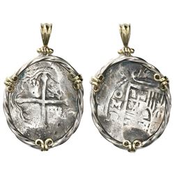 Mexico City, Mexico, cob 8 reales, Philip IV, assayer P, mounted cross-side out in twisted-wire silv