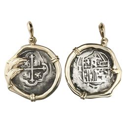 Mexico City, Mexico, cob 1 real, Philip II, assayer F, mounted in 14K gold bezel with double-dolphin