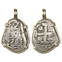 Potosi, Bolivia, cob 2 reales, 1763(V-Y), mounted in 14K gold bezel with fixed bail.