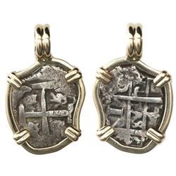 Potosi, Bolivia, cob 1 real, 1743C, mounted cross-side out in 14K gold bezel with fixed bail.