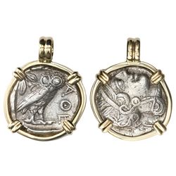 Attica, Athens, AR tetradrachm, 454-404 BC, "owl," mounted owl-side out in 14K gold bezel with fixed