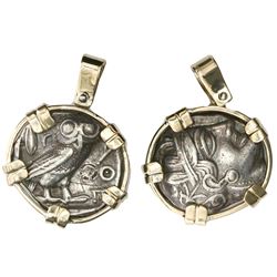 Attica, Athens, AR tetradrachm, 454-404 BC, "owl," mounted owl-side out in 14K gold bezel with shack