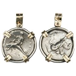 Calabria, Tarentum, AR nomos, ca. 280 BC, "boy on dolphin," mounted dolphin-side out in silver bezel