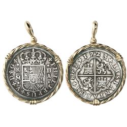 Madrid, Spain, milled 2 reales "pistareen," Philip V, 1723A, mounted in twisted-wire 14K gold bezel