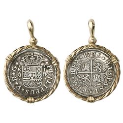 Madrid, Spain, milled 1 real "half pistareen," Philip V, 1735/4JF, mounted in twisted-wire 14K gold