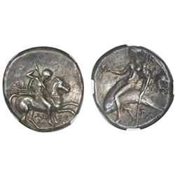 Calabria, Taras, AR didrachm, ca. 332-302 BC, NGC Ch XF, strike 4/5, surface 4/5.