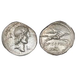 Roman Republic, AR denarius, L.Calpurnius Piso Frugi, ca. 90 BC, NGC Ch AU, strike 5/5, surface 4/5.