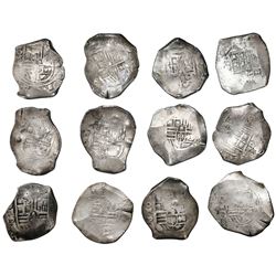 Lot of twelve Mexico City, Mexico, cob 8 reales, Philip IV, assayer P (where visible), all with chop