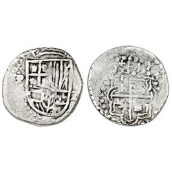 Potosi, Bolivia, cob 2 reales, (161)8T, large 8 in date, no eagles in Sicily, no T in ET, rare.