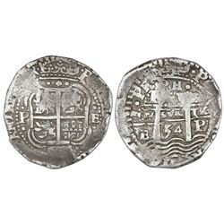 Potosi, Bolivia, cob 8 reales, 1654E, dot-PH-dot at top.