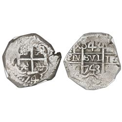 Potosi, Bolivia, cob 4 reales, 1743C, NGC AU 55.