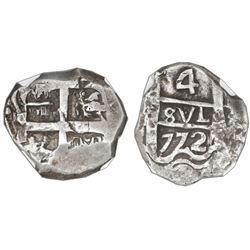 Potosi, Bolivia, cob 4 reales, 1772V-Y, NGC XF details / cleaned.