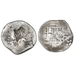 Guatemala, 2 reales "moclon," crown countermark (1662) on a Potosi, Bolivia, cob 2 reales, Philip IV