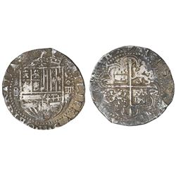 Seville, Spain, cob 4 reales, Philip II, assayer Gothic D at 4 o'clock outside tressure, fleur-de-li