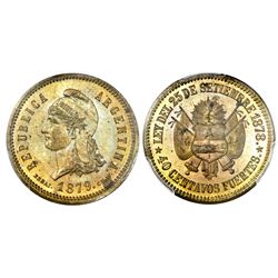 Argentina, brass essai 40 centavos fuertes, 1879, medal alignment, smooth edge, rare, PCGS SP64.