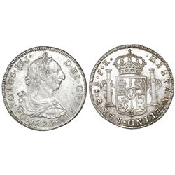Potosi, Bolivia, bust 8 reales, Charles III, 1777PR, NGC UNC details / obverse scratched.