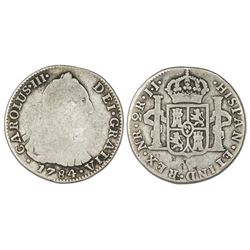 Bogota, Colombia, bust 2 reales, Charles III, 1784JJ, rare.