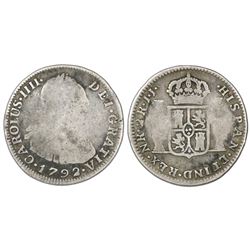 Bogota, Colombia, bust 2 reales, Charles IV, 1792JJ, rare.