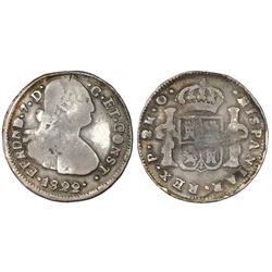 Pasto, Colombia, bust 2 reales, Ferdinand VII (bust of Charles IV), 1822O, two dots between date and