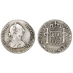 Bogota, Colombia, bust 1 real, Charles III, 1773VJ.
