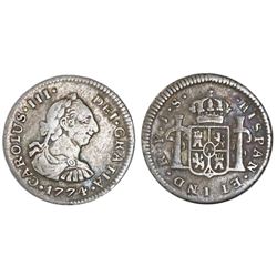 Popayan, Colombia, bust 1/2 real, Charles III, 1774JS, NGC F 15.