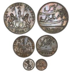 Lot of three Madras, India, copper cash coins dated 1803: XX cash, NGC UNC details / cleaned; V cash