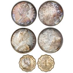 Lot of three Bombay, India (British): two 1 rupee, Victoria, 1862(B), NGC MS 61 and AU details / cle