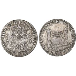 Mexico City, Mexico, pillar 8 reales, Charles III, 1762MM, cross between H and I, with chopmark as f