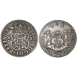 Mexico City, Mexico, pillar 2 reales, Ferdinand VI, 1747M, pellets at beginning and end of shield-si