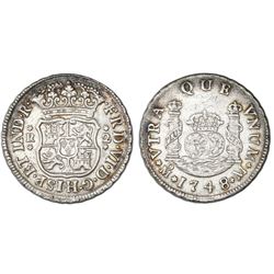 Mexico City, Mexico, pillar 2 reales, Ferdinand VI, 1748/7M, pellets at beginning and end of shield-