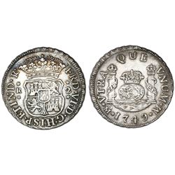 Mexico City, Mexico, pillar 2 reales, Ferdinand VI, 1749M, pellets at beginning and end of shield-si
