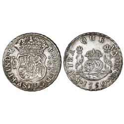 Mexico City, Mexico, pillar 2 reales, Ferdinand VI, 1750M, pellets at beginning and end of shield-si
