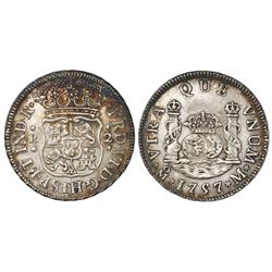 Mexico City, Mexico, pillar 2 reales, Ferdinand VI, 1757M, crowns alike.
