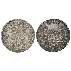 Mexico City, Mexico, pillar 2 reales, Charles III, 1760M, A over inverted A in king's name, very rar